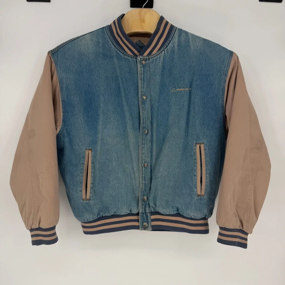 Tri-Mountain Boeing Denim Varsity Jacket Mens XL Blue Tan Bomber Style 7700